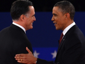 President Barack Obama and Republican presidential candidate Mitt Romney on stage before debate. (SAUL LOEB/AFP/Getty Images)