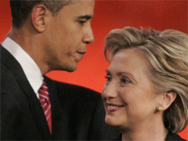 Hillary Rodham Clinton smiles with Barack Obama.
