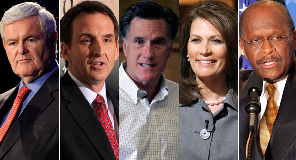 From left to right: Newt Gingrich, Tim Pawlenty, Mitt Romney, Michele Bachmann, and Herman Cain are shown in a composite photo. | AP Photos
