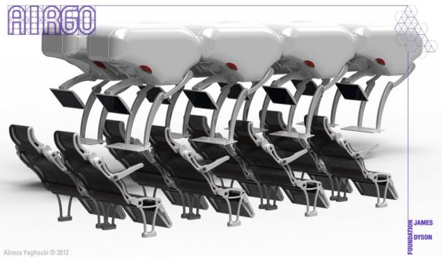 Each seat in the Airgo design has its own storage pod above the seat, which also contains the tray table and entertainment screen