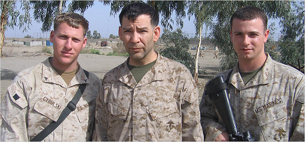 The former Hollywood manager Patrick Dollard, center, in Iraq with Pvt. Zachary Kother, left, and Lance Cpl. Eric Cybulski of the Marines.