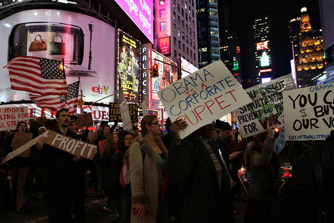 Taken at 7:22 p.m.Occupy Wall Street protesters were in Times Square on their way to the Sheraton New York where President Obama is staying Wednesday Nov. 30, 2011.